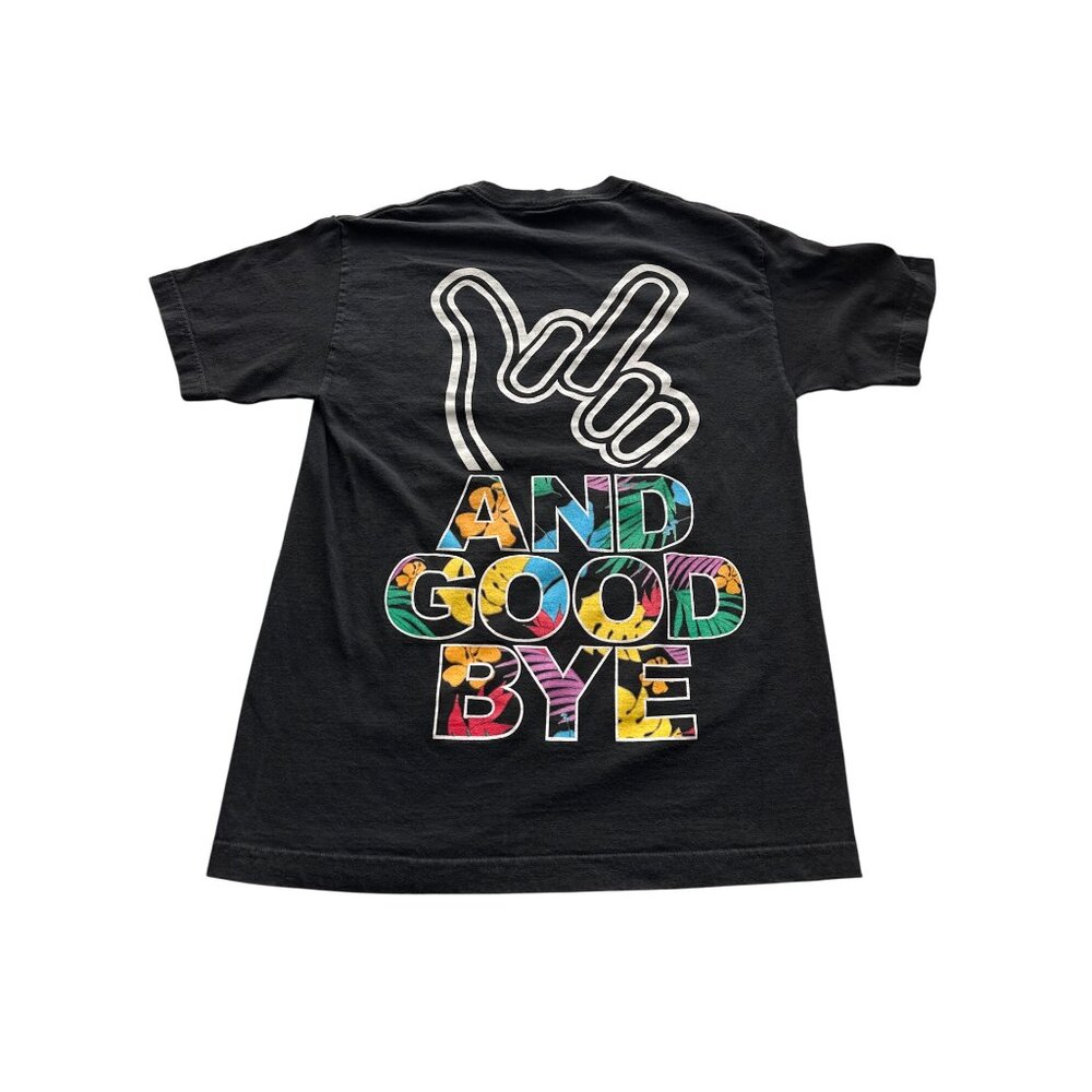 Aloha Means Good Bye Hello Shirt Black Colorful Graphics Shaka Fitted Medium